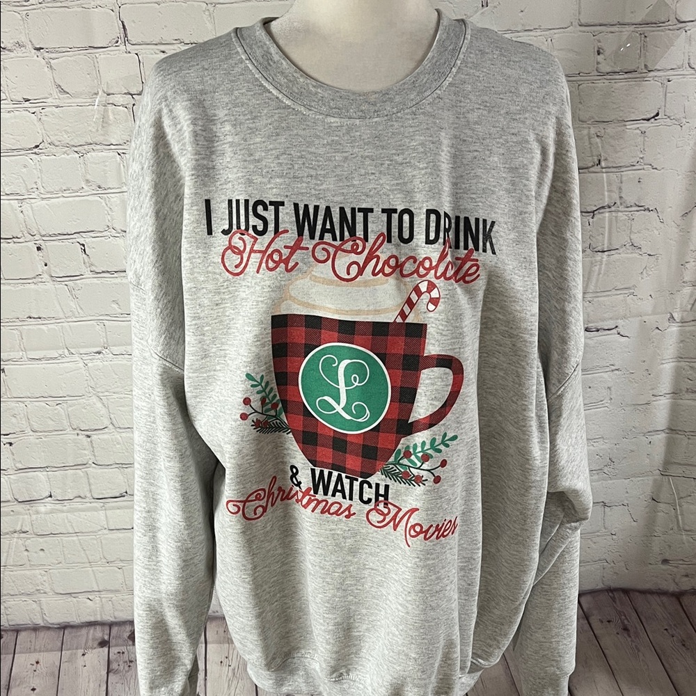 2XL Gray Christmas Sweatshirt with Plaid Mug Design. EXC CONDITION